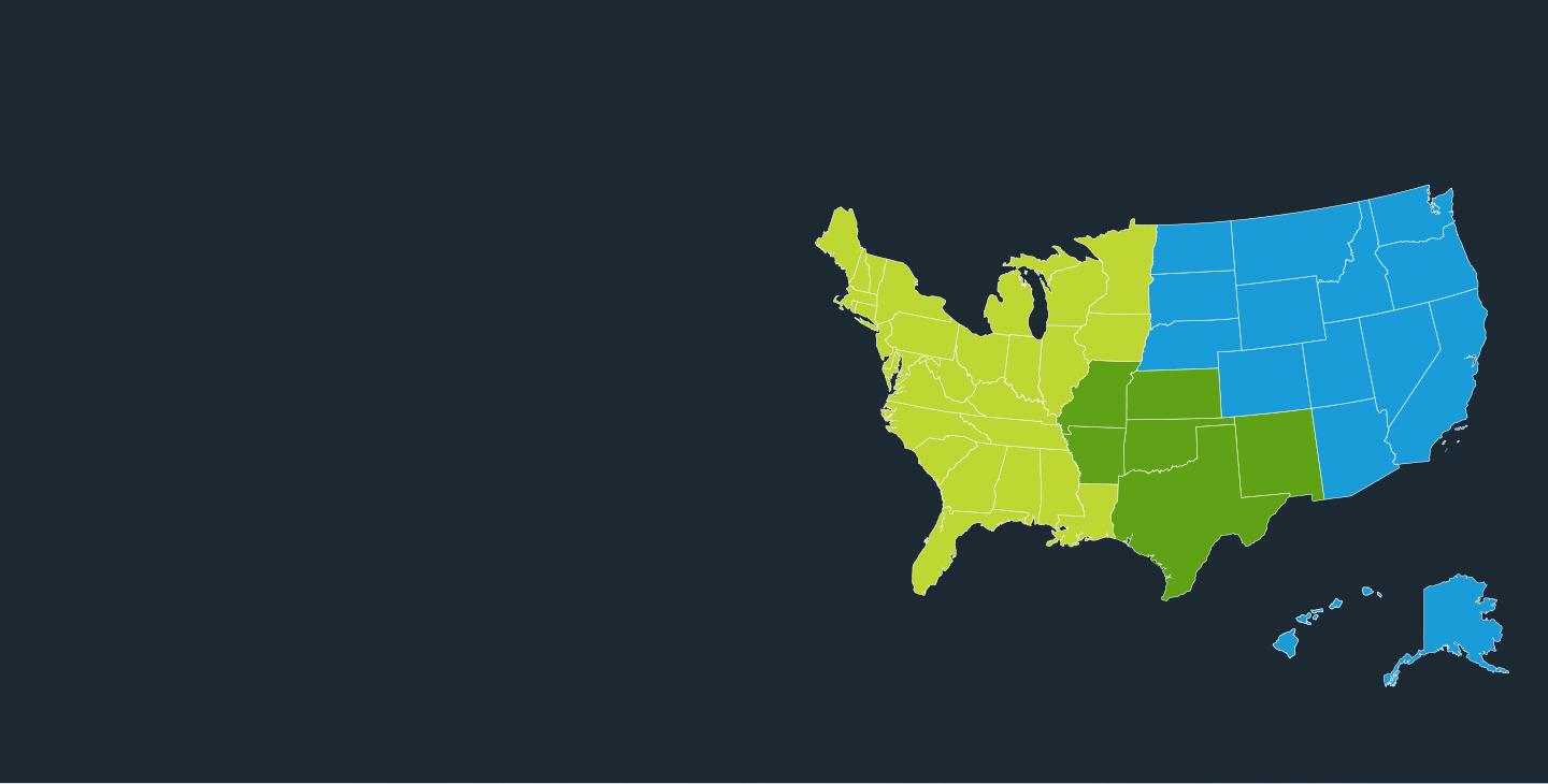 美国各州的背景图.S.，用颜色标识Viasat区域销售经理的区域
