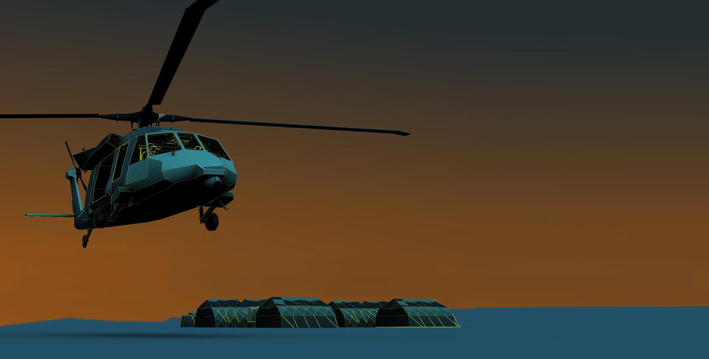 一架UH-60在军用帐篷上空飞行的数字化图像
